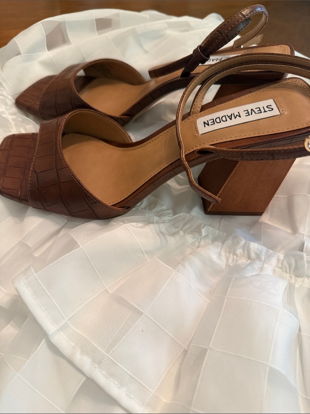 Steve Madden Brown Croc-Embossed Block Heel Sandals with Ankle Strap - Picture 2 of 5